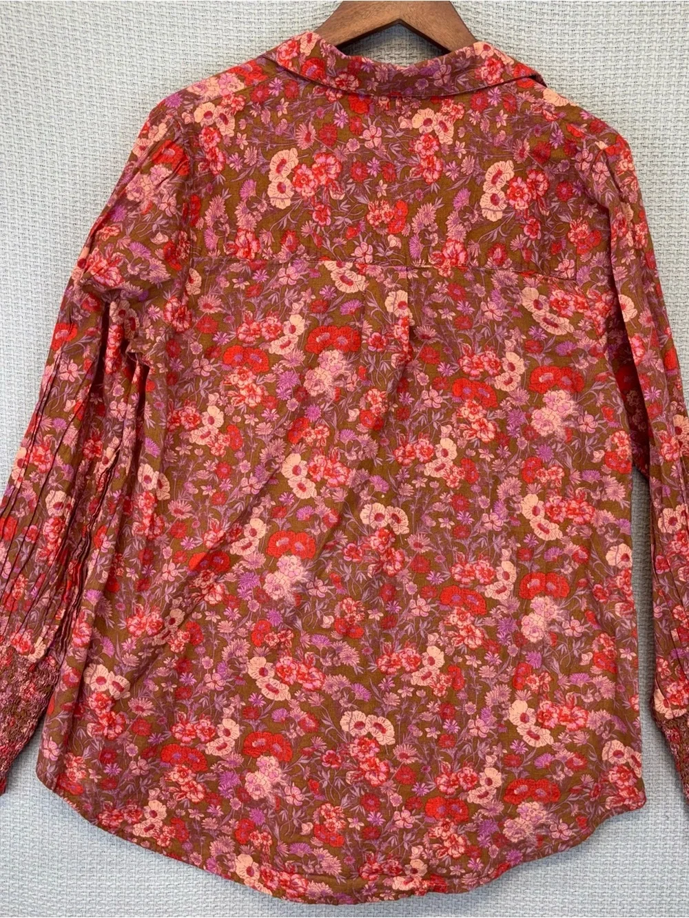 Free People Wild Gardenia Pink Floral Button Up Shirt Med Boho Cotton Ruffles